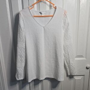 Christopher & Banks White V-Neck Long Sleeve Top with Dotted Sheer Sleeves